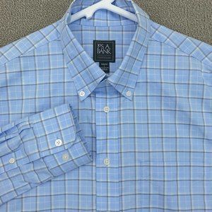 Jos A Bank Shirt Mens Large Slim Traveler Blue Check Button Up Long Sleeve #9565